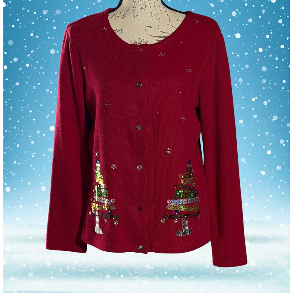 Sporielle Christmas Tree Cardigan Sweater Red Rhinestone Holiday Womens S